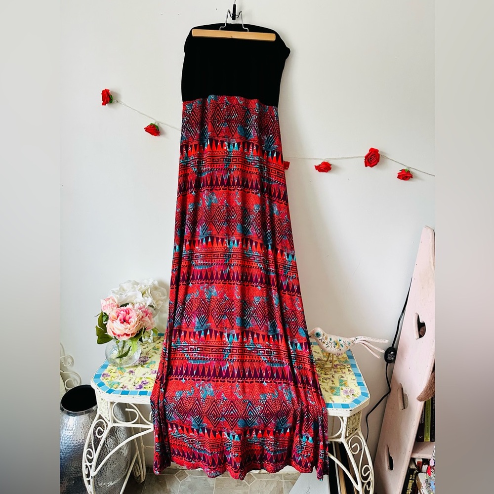 Hurley Black Red Tribal Aztec Boho Patterned Maxi Dress L - Picture 8 of 9